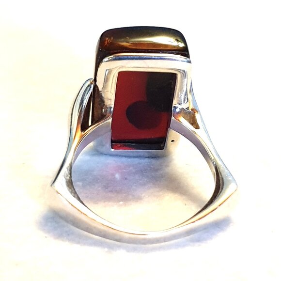 Fancy Vintage Cherry Red Baltic Amber Sterling Silver Modernist Statement Ring - Picture 4 of 16